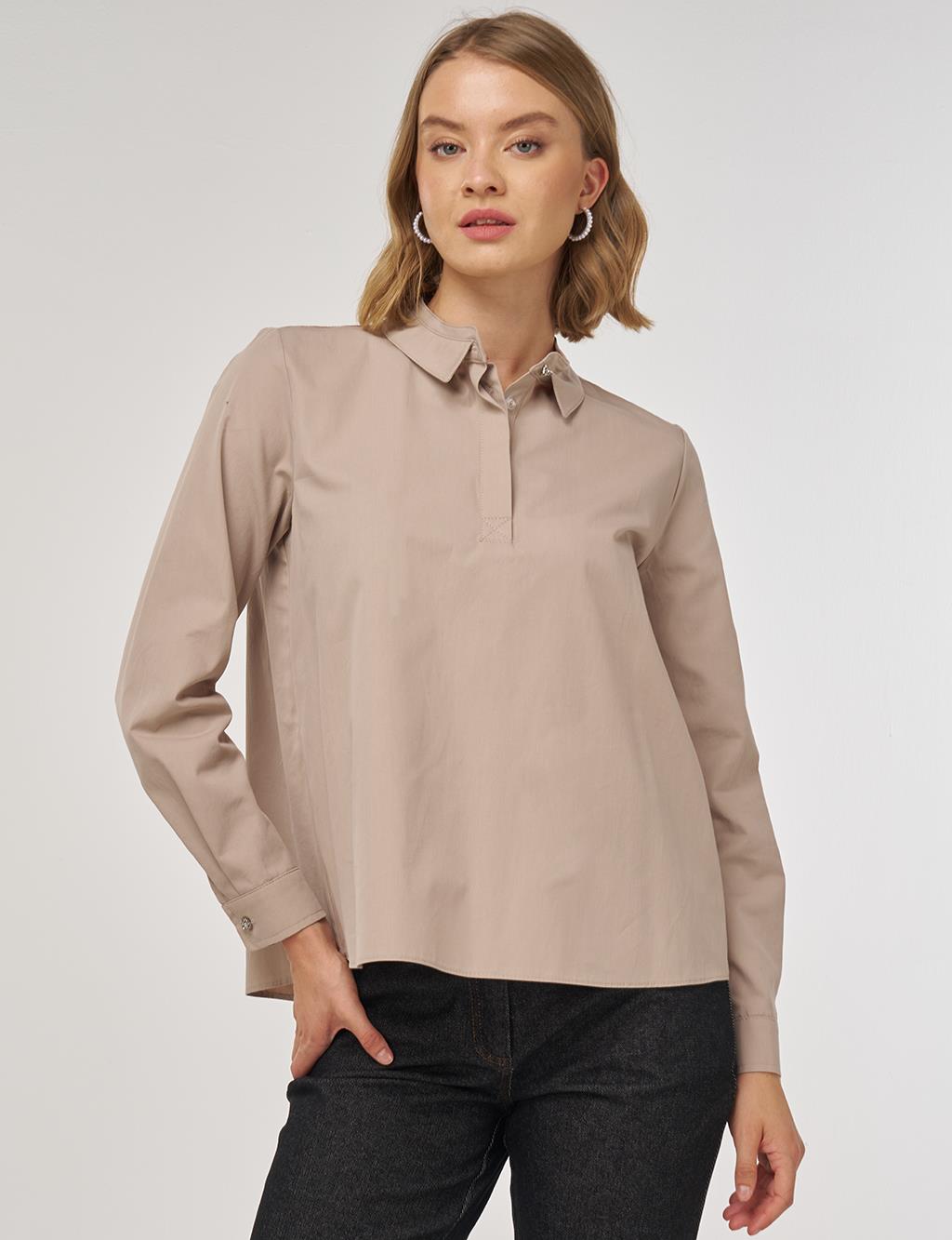 100% Cotton Blouse with Collar in Mink