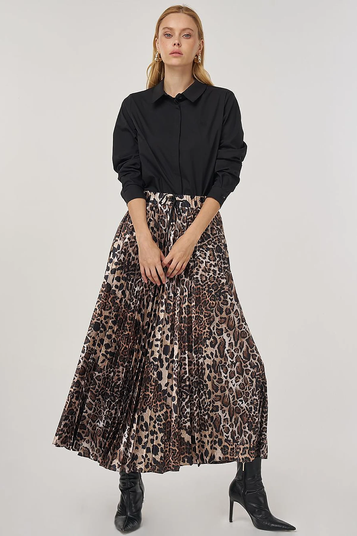 Leopar Desen Piliseli Etek Bej
