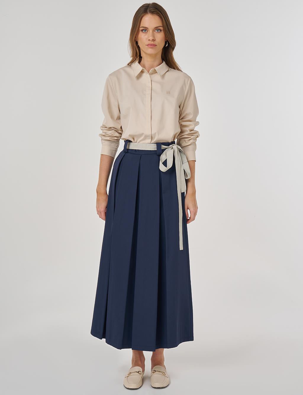 Pleated Skirt with Grosgrain Binding in Dark Navy