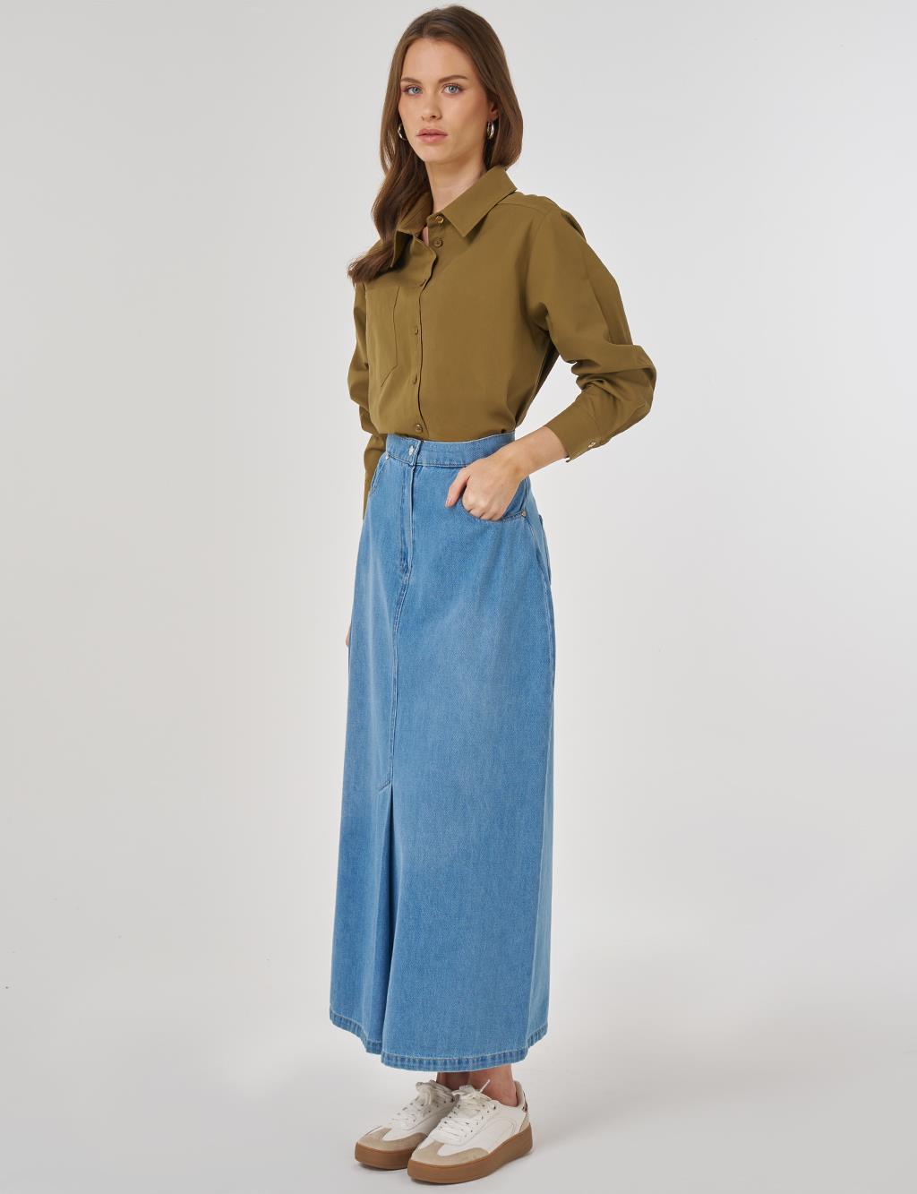 Yüksek Bel Denim Etek Mavi