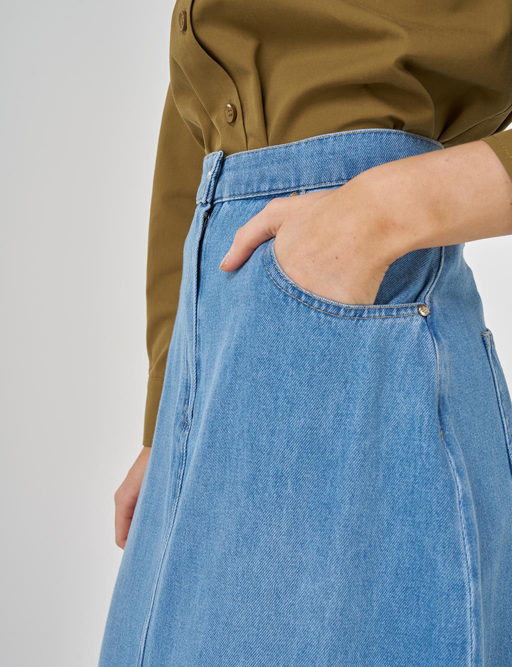 Yüksek Bel Denim Etek Mavi