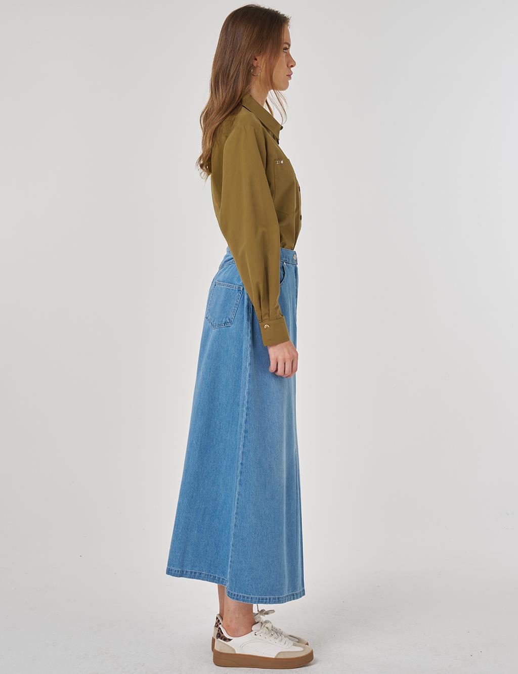 Yüksek Bel Denim Etek Mavi