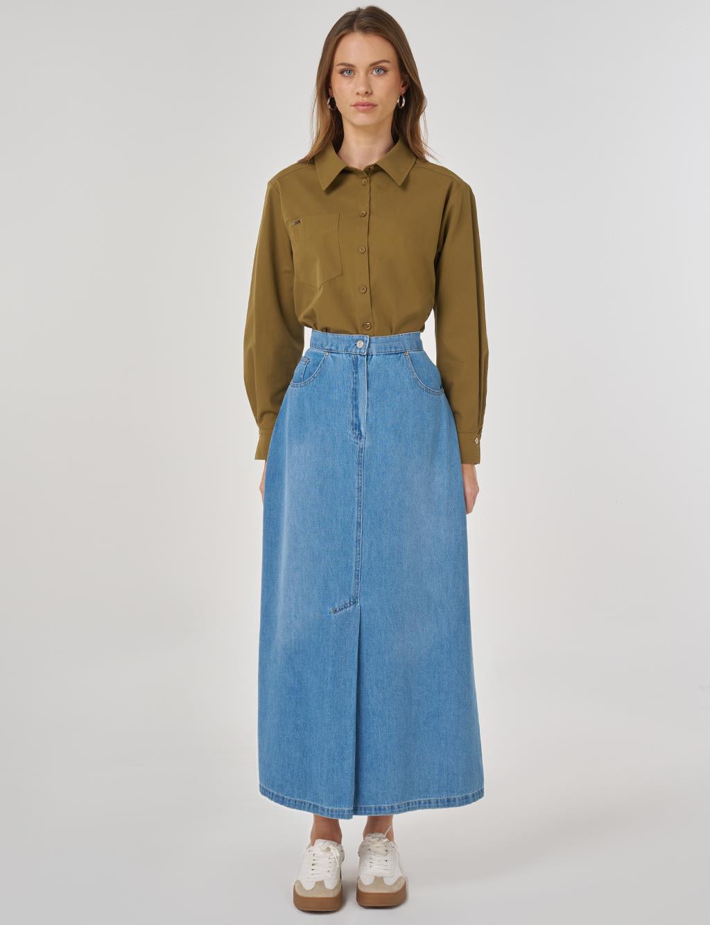 Yüksek Bel Denim Etek Mavi