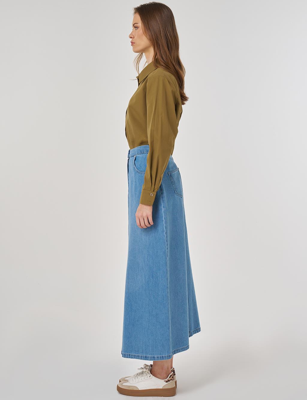 Yüksek Bel Denim Etek Mavi