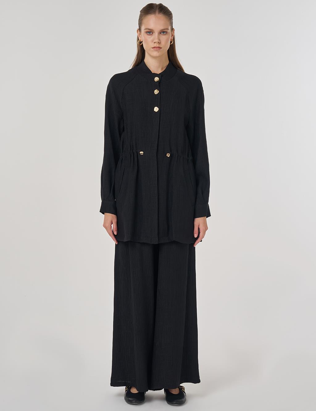 Parlak Düğmeli Lyocell İkili Takım Siyah