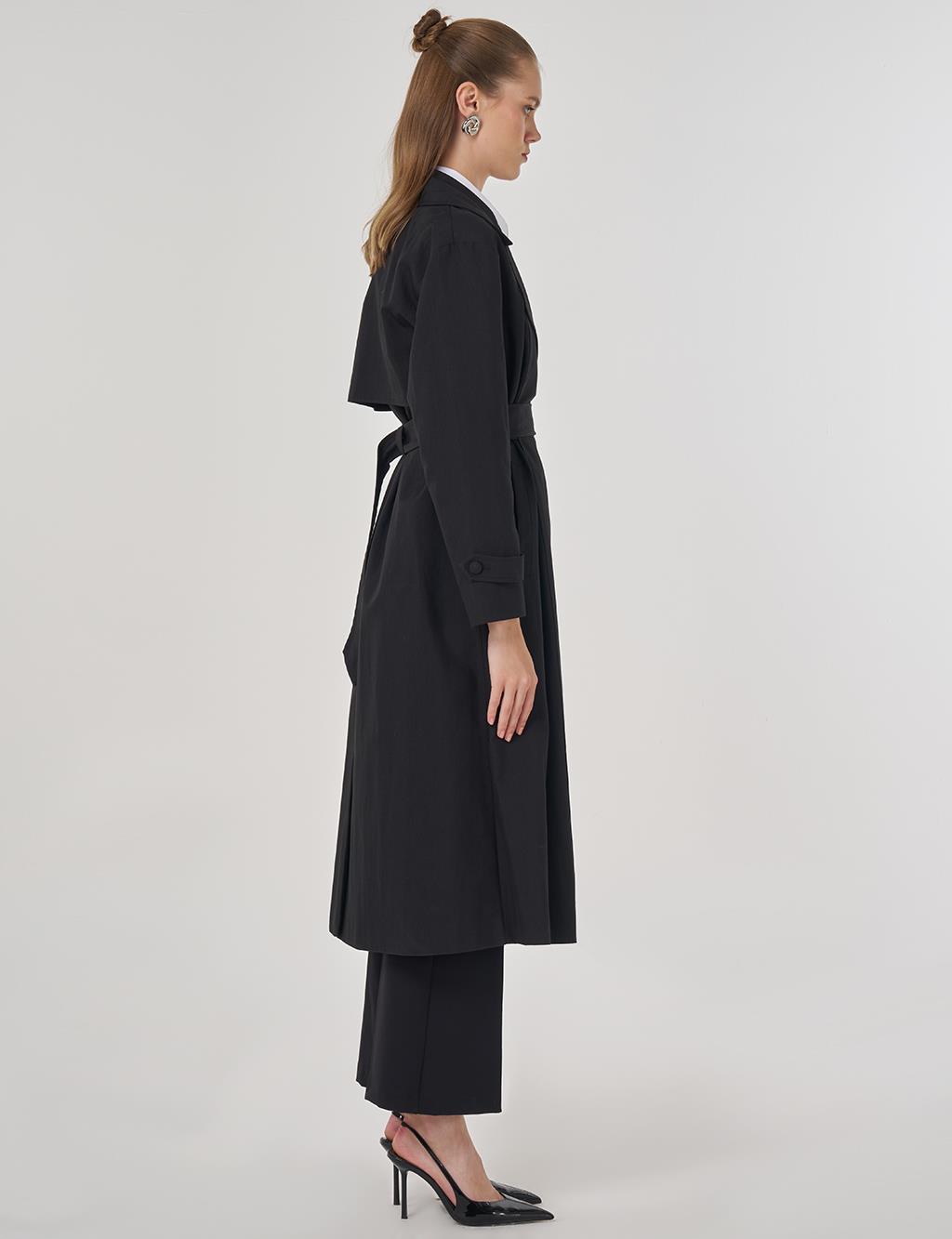 Erkek Yaka Uzun Trençkot Siyah 