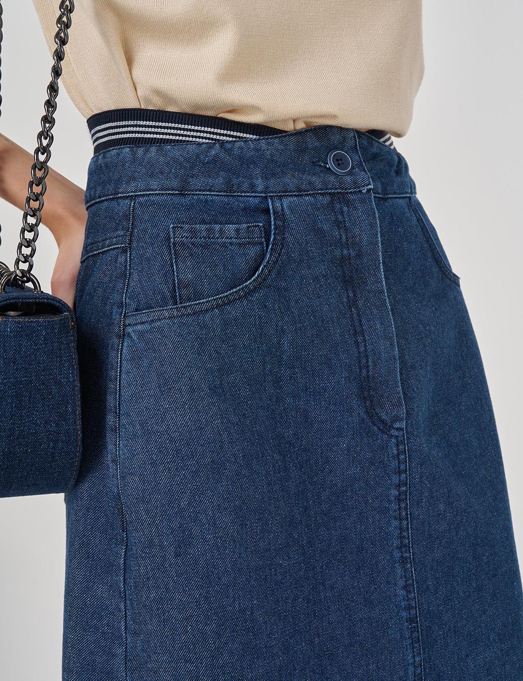 Denim Skirt with Waistband in Indigo