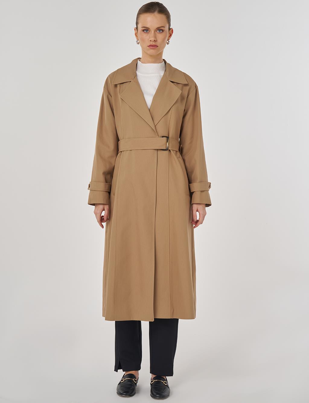 Erkek Yaka Uzun Trençkot Bej 