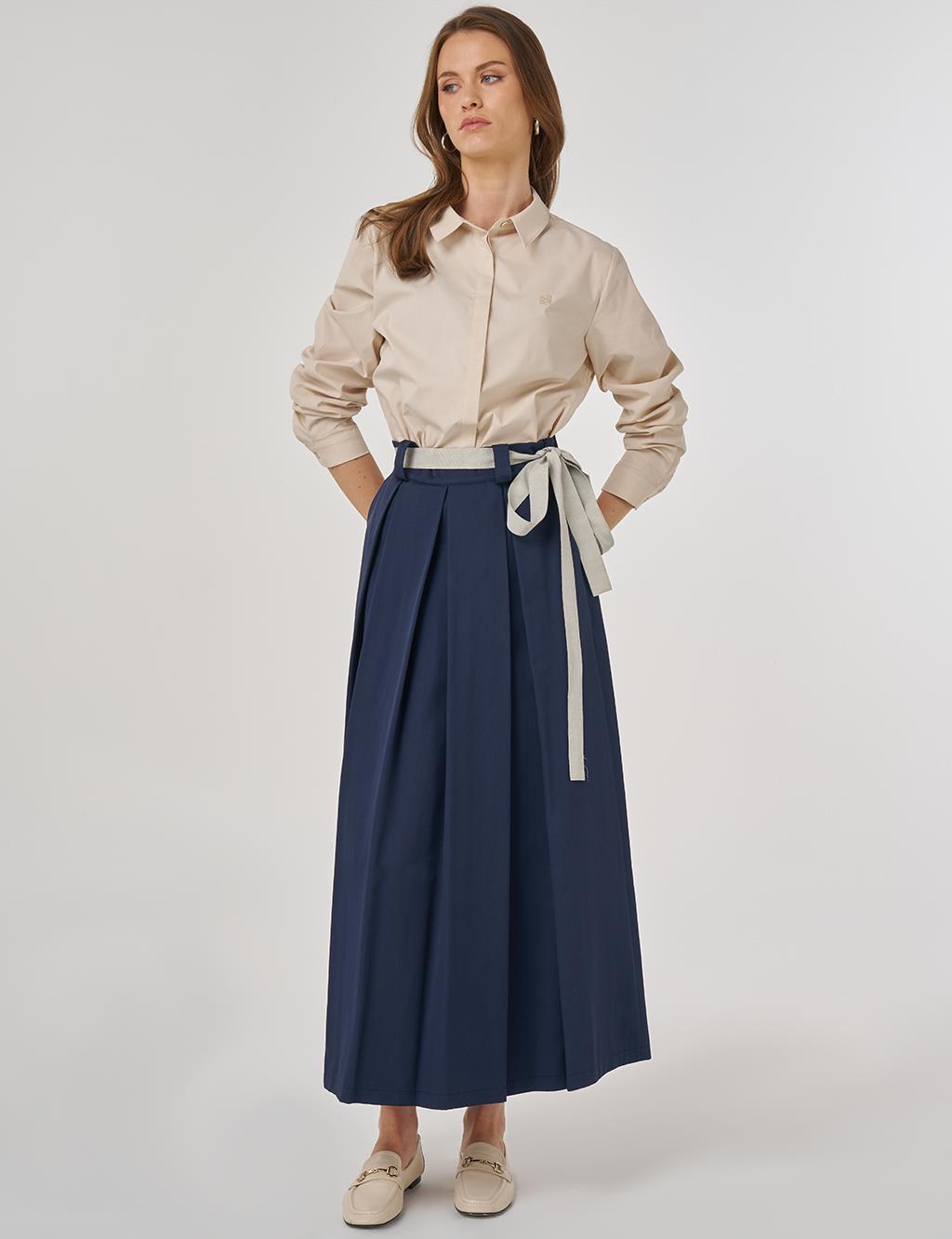 Pleated Skirt with Grosgrain Binding in Dark Navy