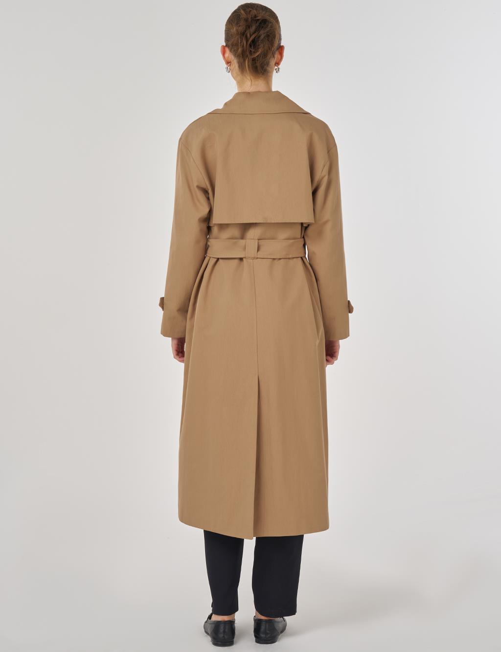 Erkek Yaka Uzun Trençkot Bej 