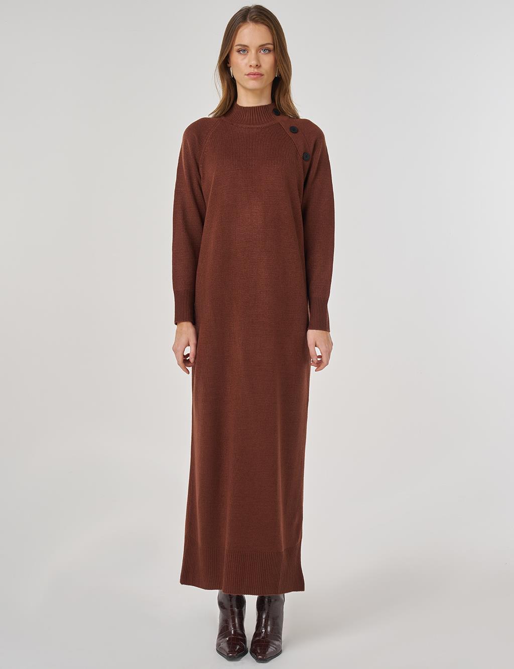 Düğmeli Triko Elbise Kızıl Kahve 