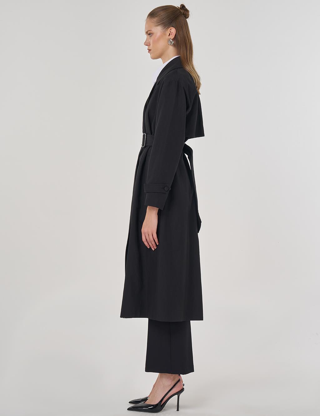 Erkek Yaka Uzun Trençkot Siyah 