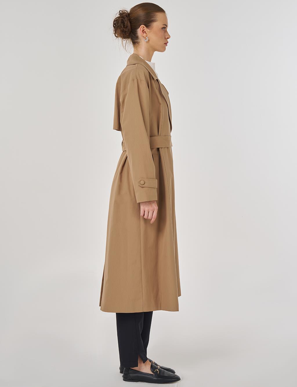 Erkek Yaka Uzun Trençkot Bej 