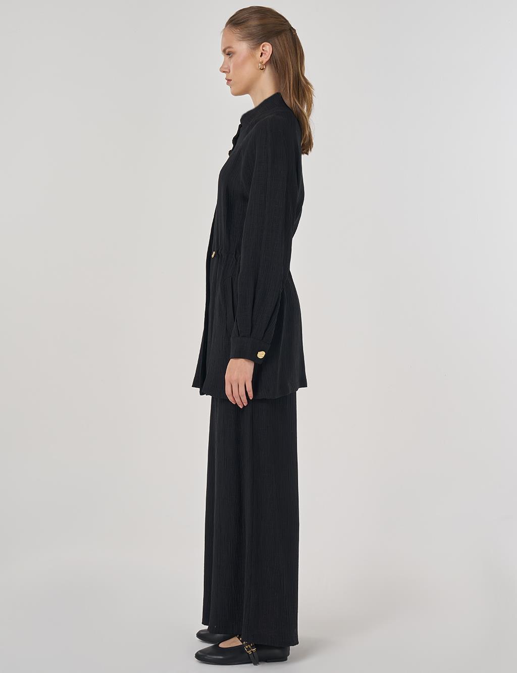 Parlak Düğmeli Lyocell İkili Takım Siyah