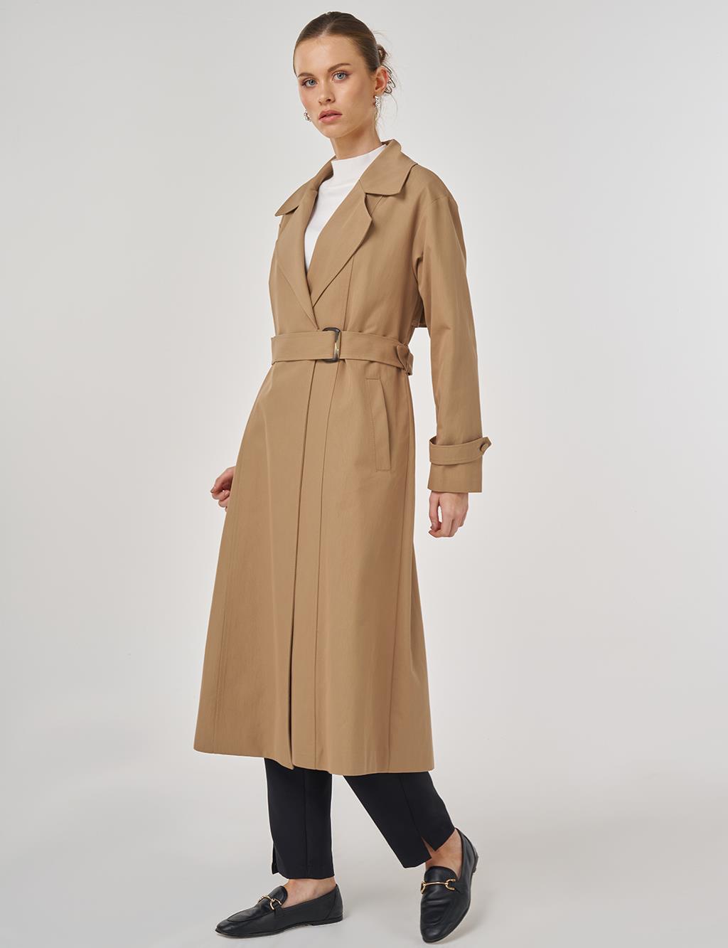 Erkek Yaka Uzun Trençkot Bej 