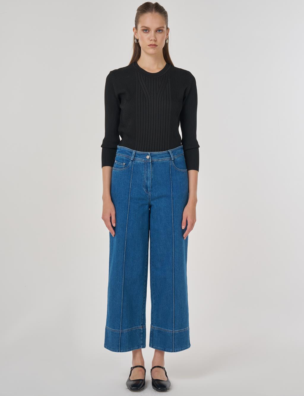 Çima Dikişli Denim Pantolon İndigo