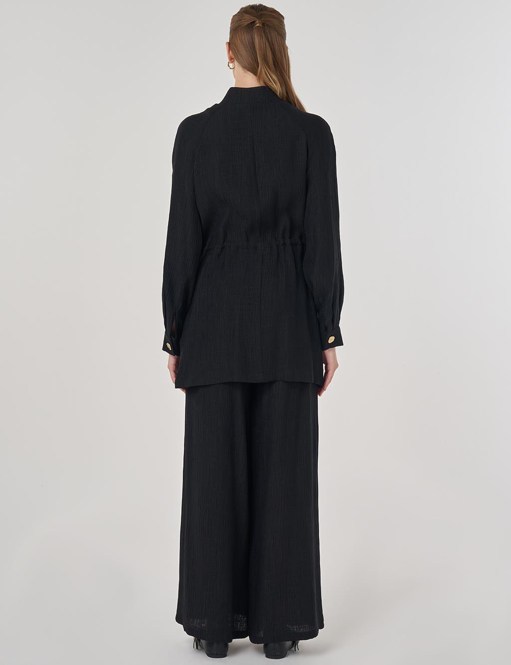 Parlak Düğmeli Lyocell İkili Takım Siyah