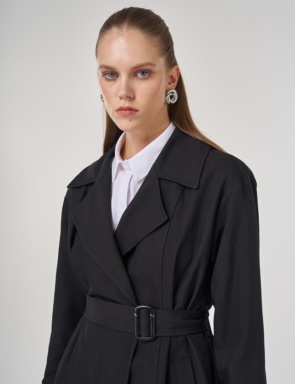 Erkek Yaka Uzun Trençkot Siyah 