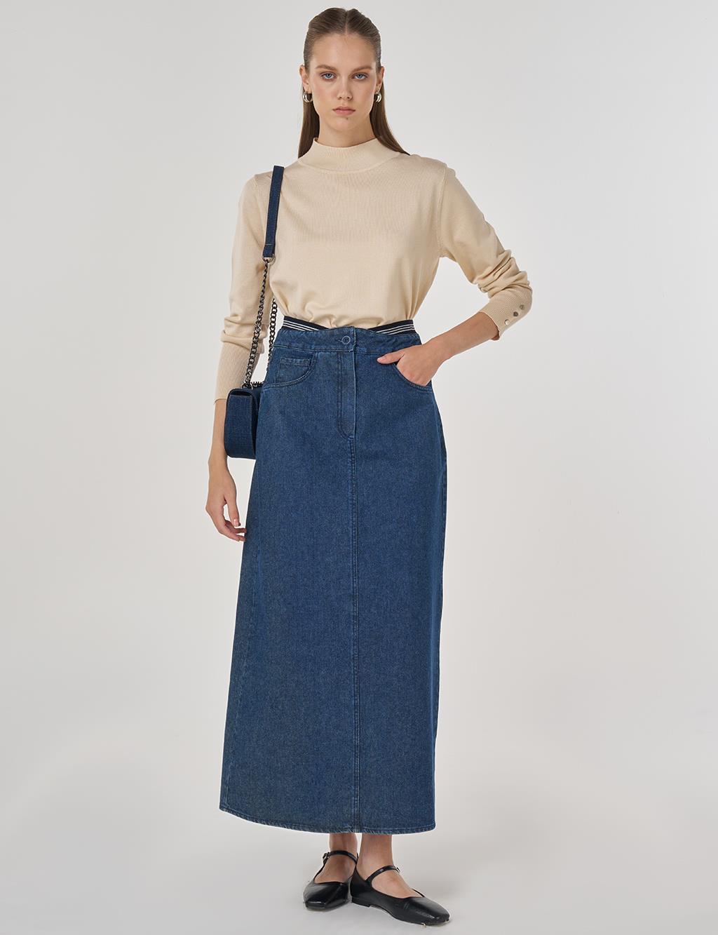 Denim Skirt with Waistband in Indigo