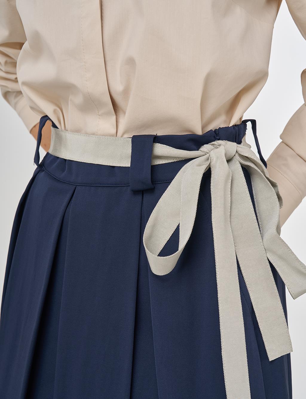 Pleated Skirt with Grosgrain Binding in Dark Navy