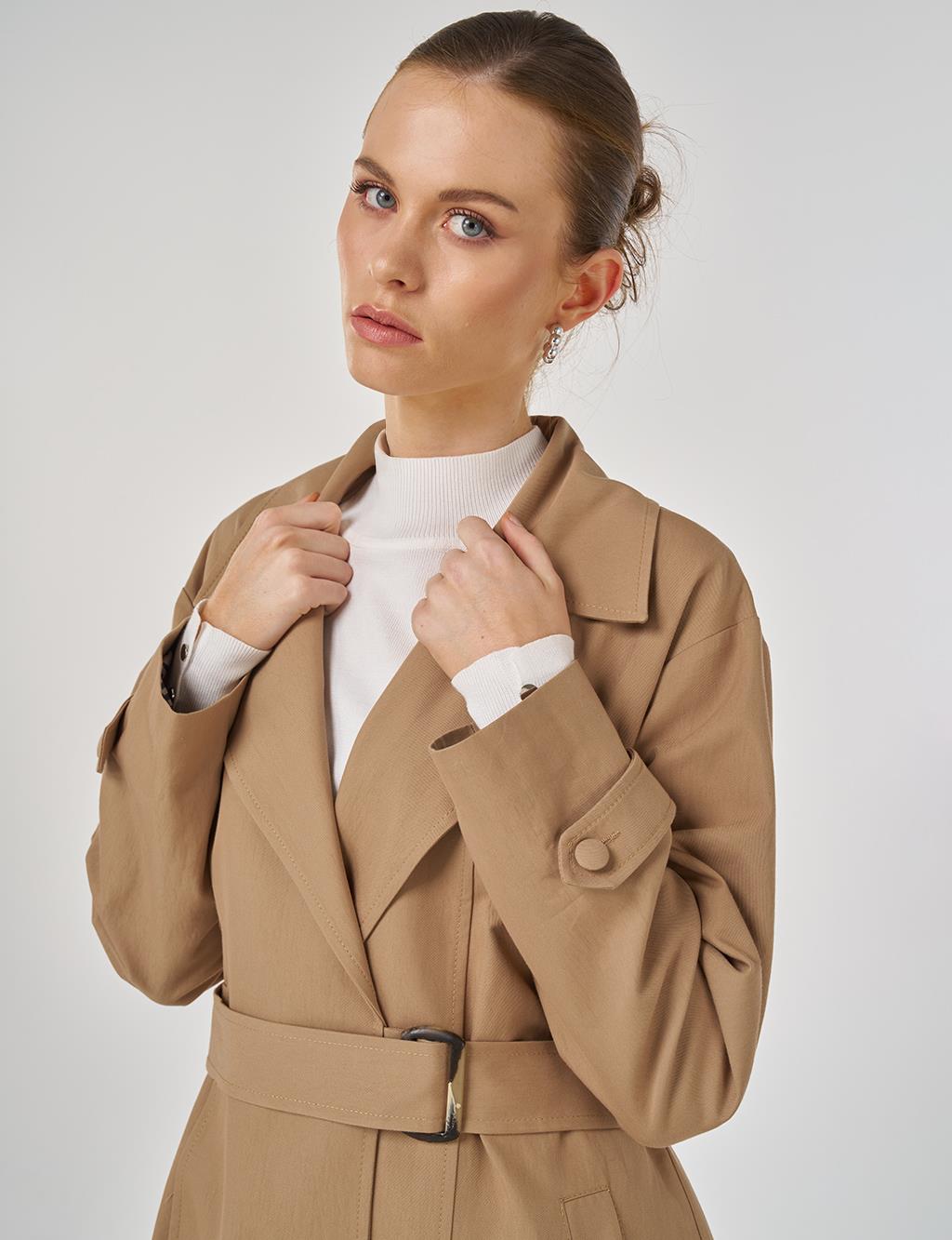 Erkek Yaka Uzun Trençkot Bej 