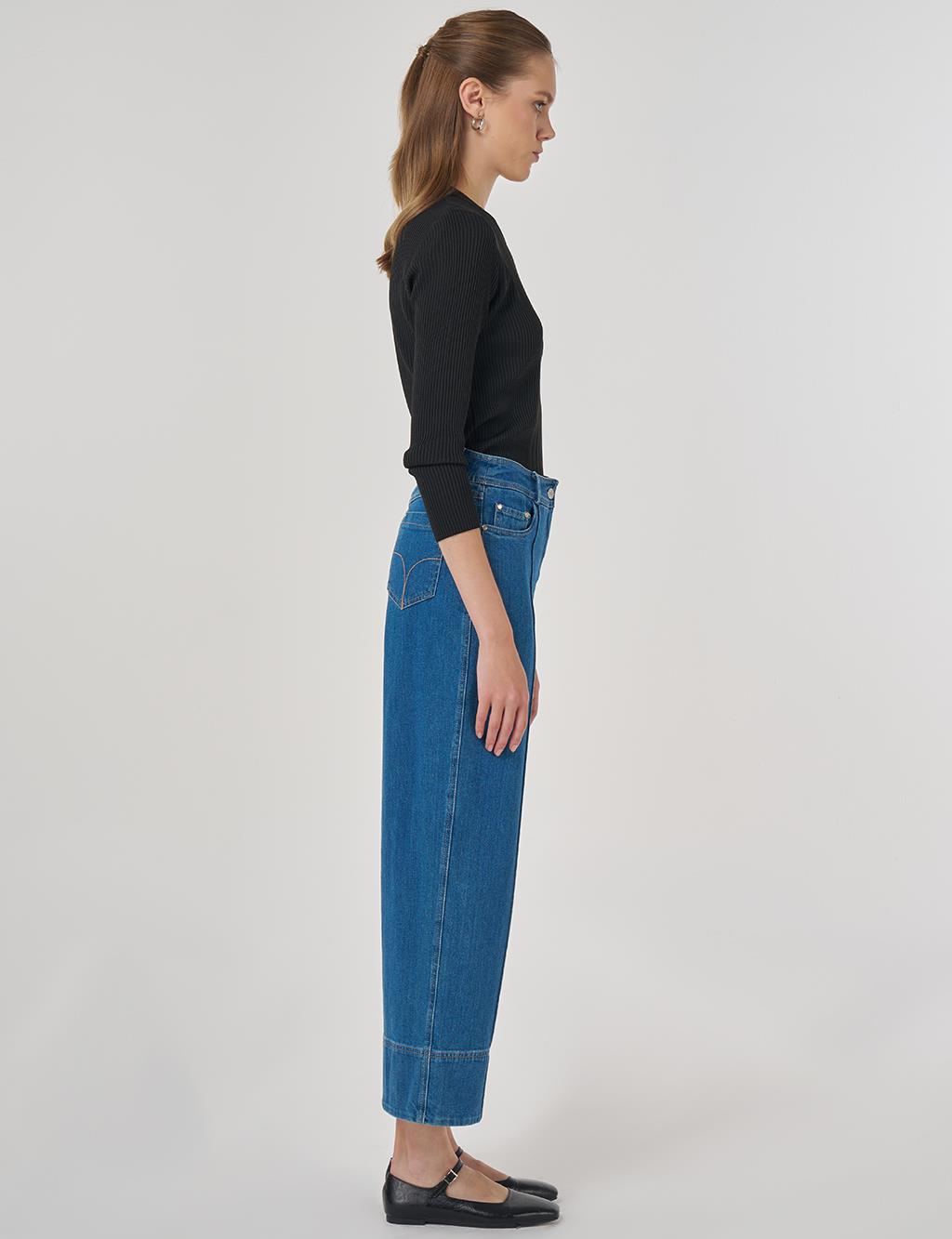 Çima Dikişli Denim Pantolon İndigo