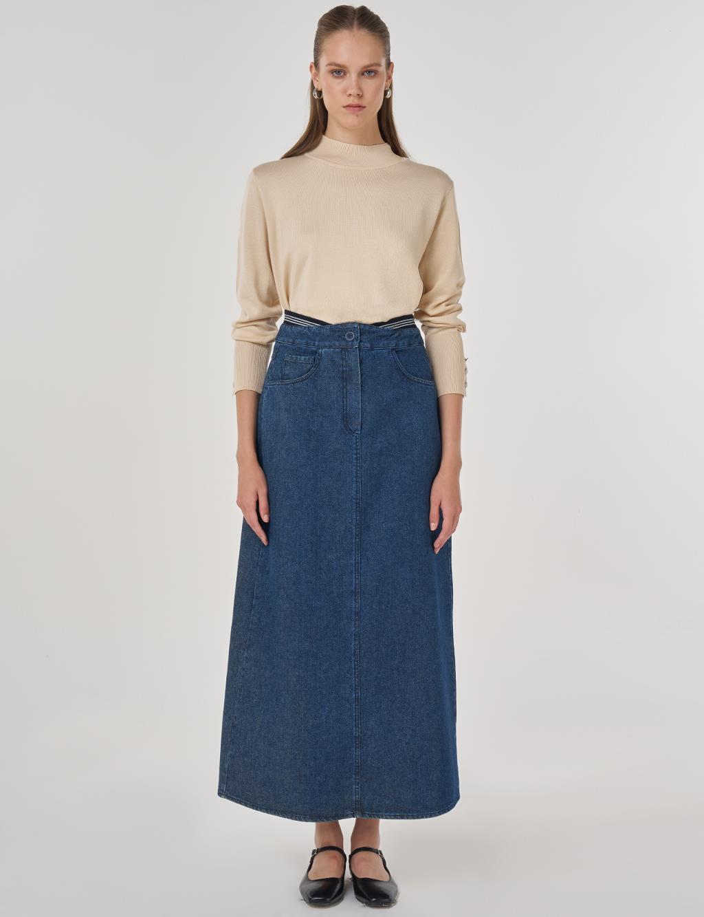 Denim Skirt with Waistband in Indigo