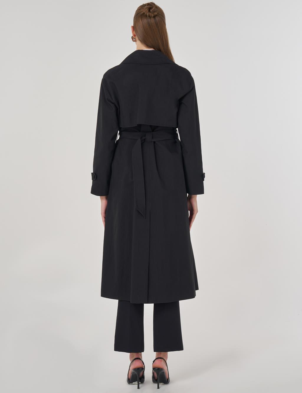 Erkek Yaka Uzun Trençkot Siyah 