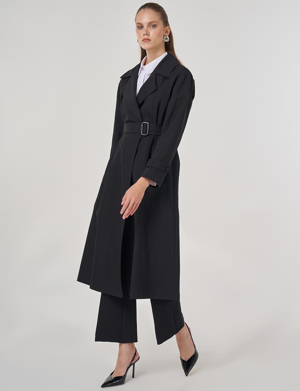 Erkek Yaka Uzun Trençkot Siyah 