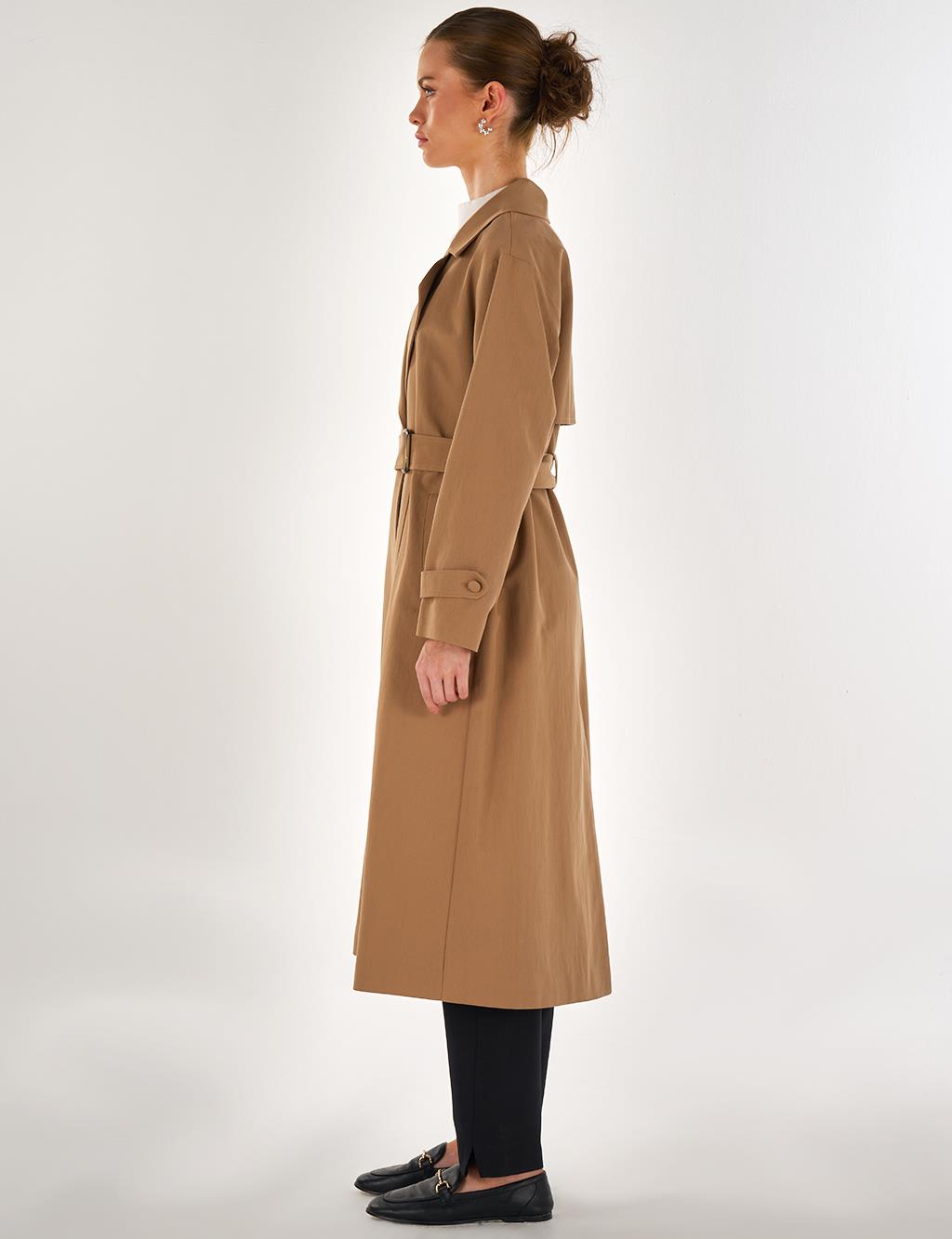 Erkek Yaka Uzun Trençkot Bej 