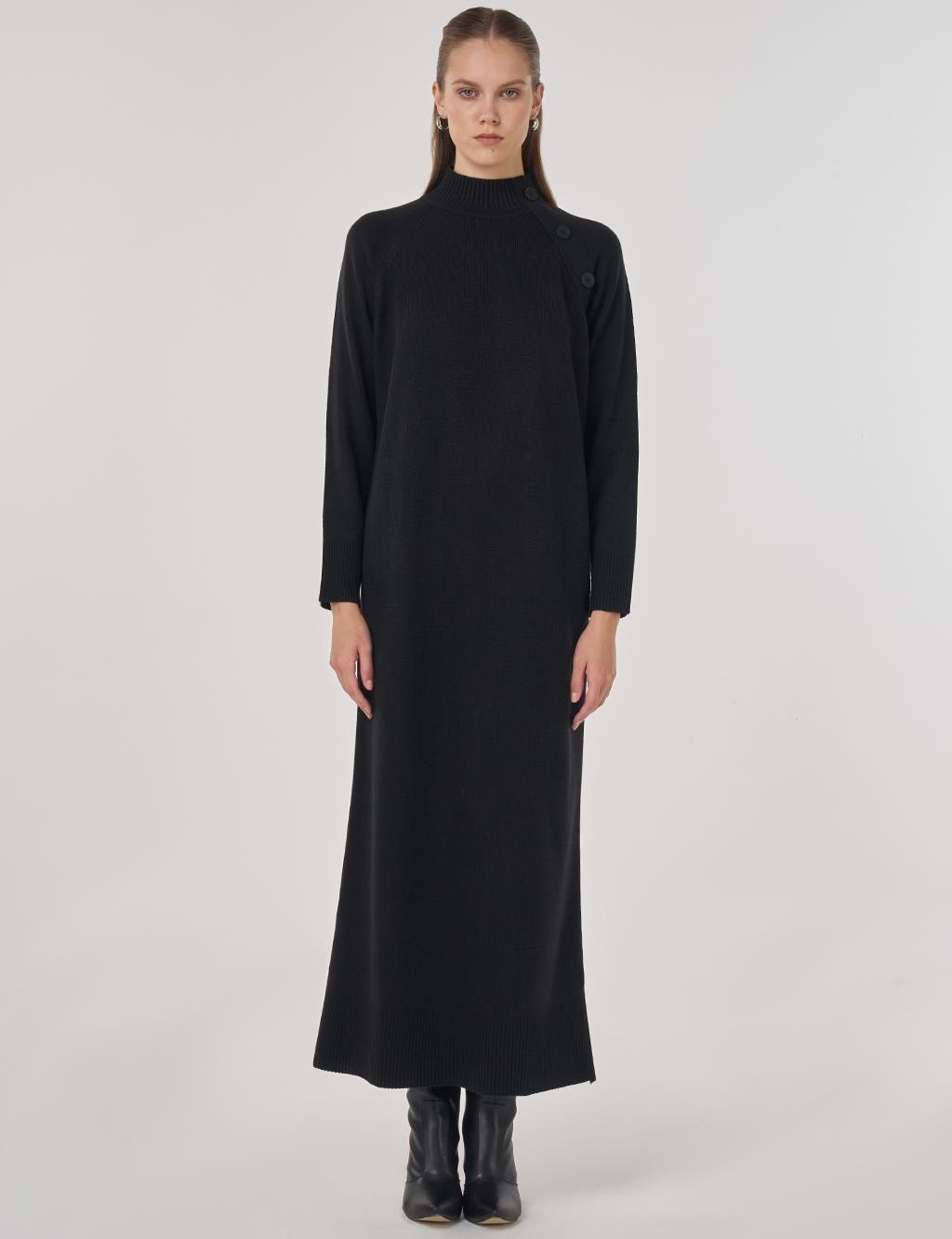 Düğmeli Triko Elbise Siyah