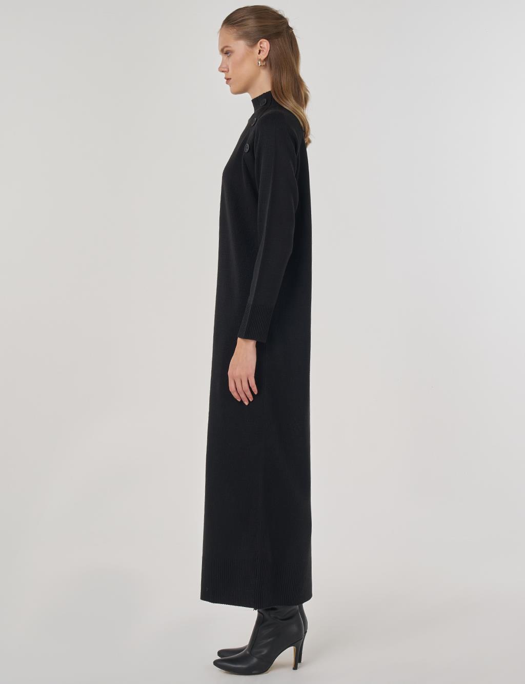 Düğmeli Triko Elbise Siyah