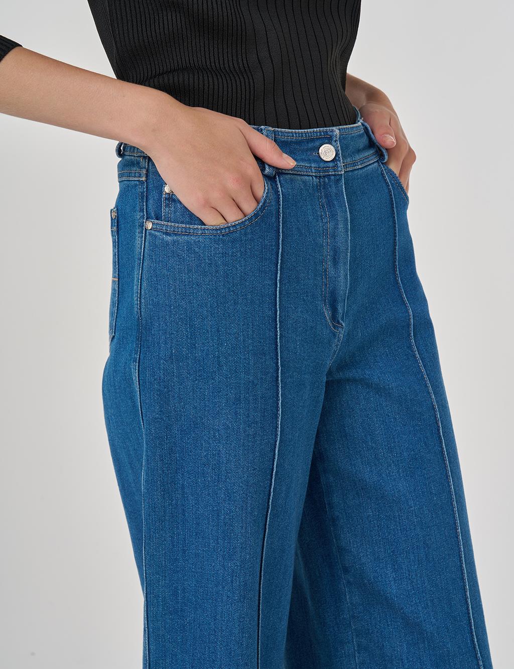 Çima Dikişli Denim Pantolon İndigo