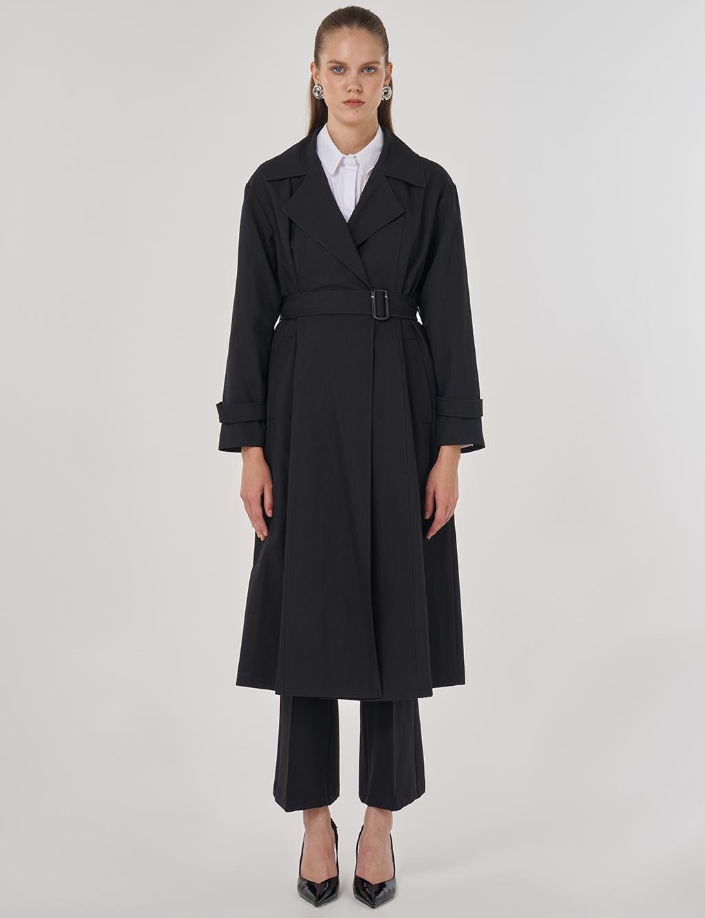 Erkek Yaka Uzun Trençkot Siyah 