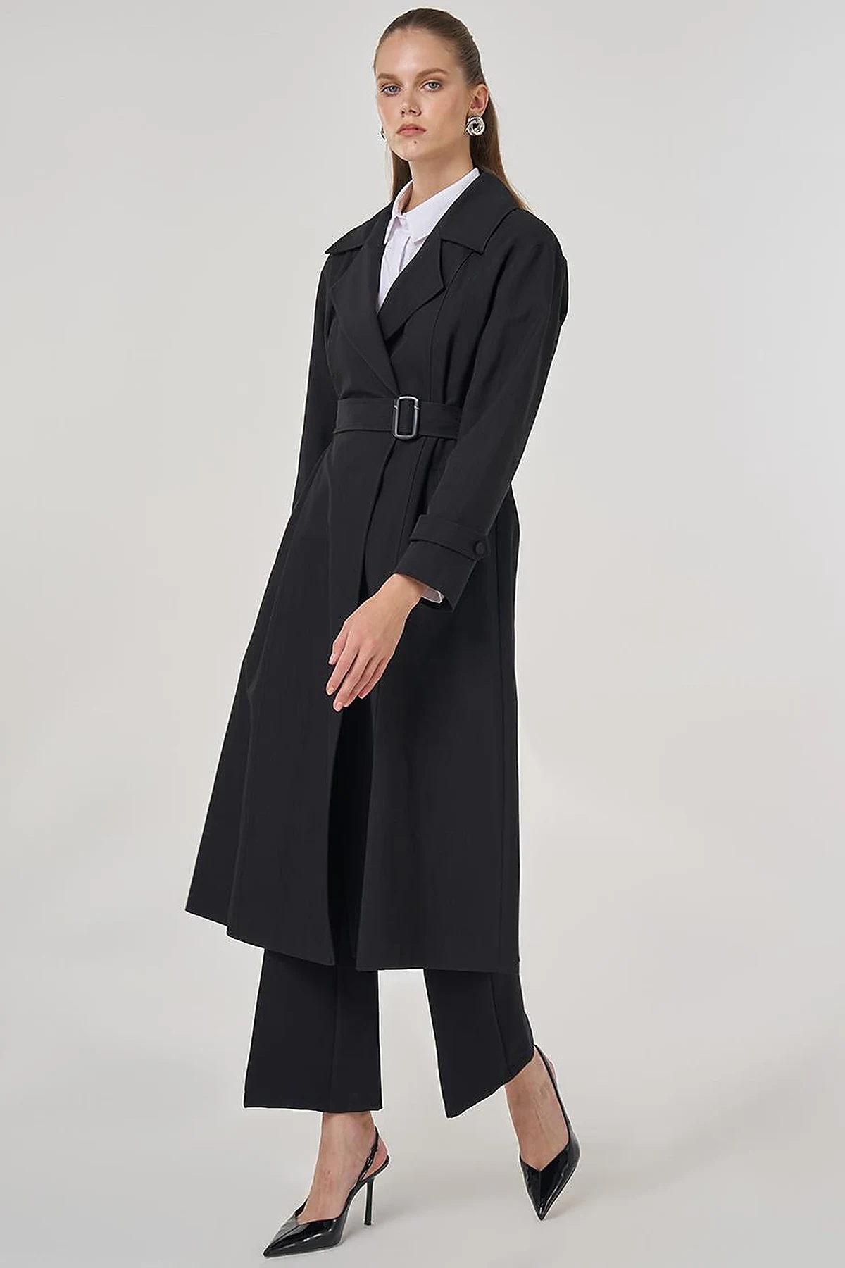 Men's Long Collar Trench Coat in Black