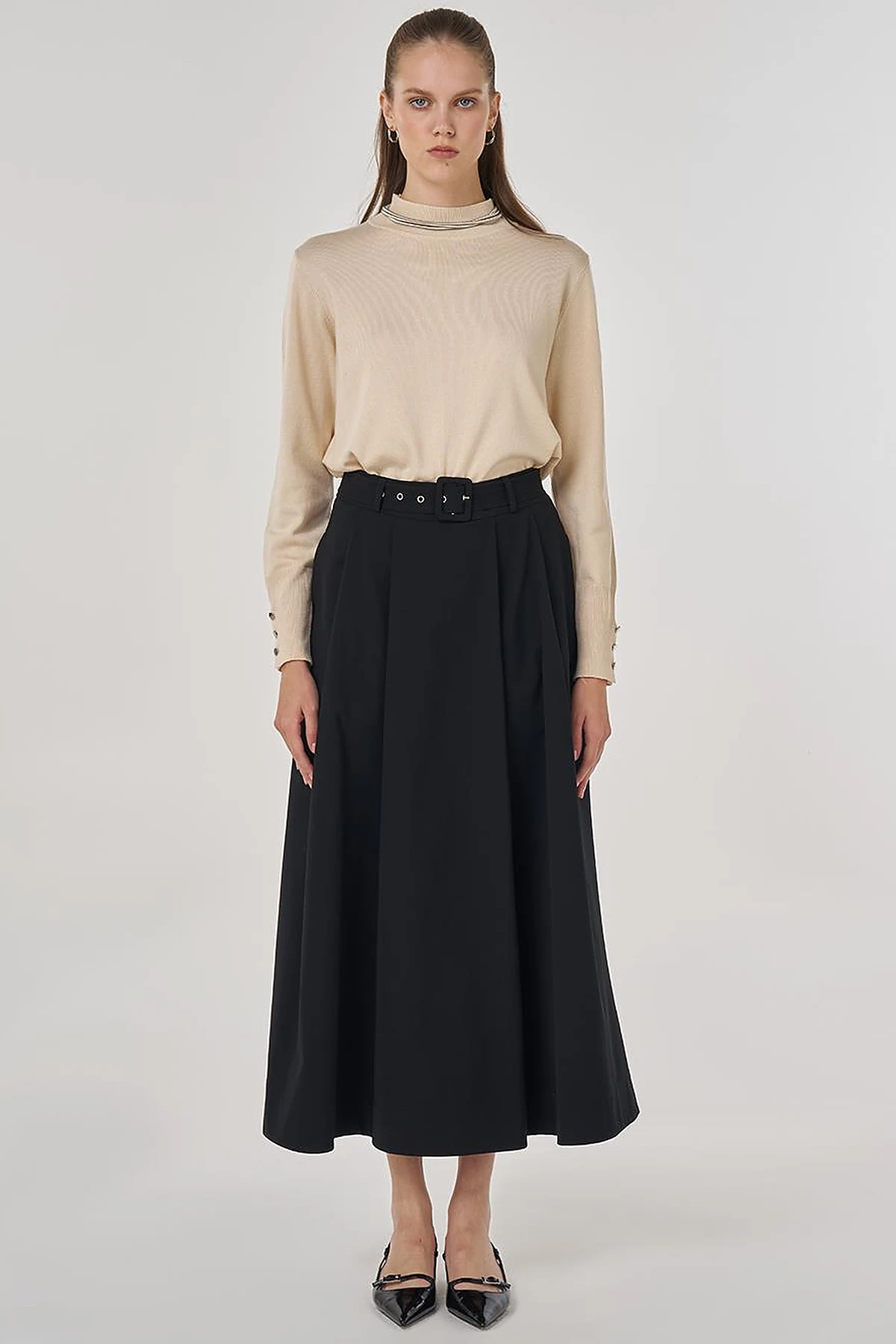 Belted Flared Skirt Black
