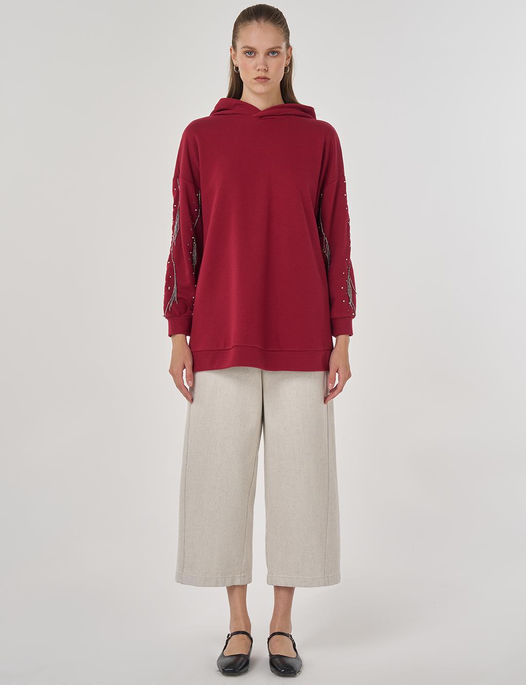 Kapüşonlu Üç İplik Sweatshirt Bordo 