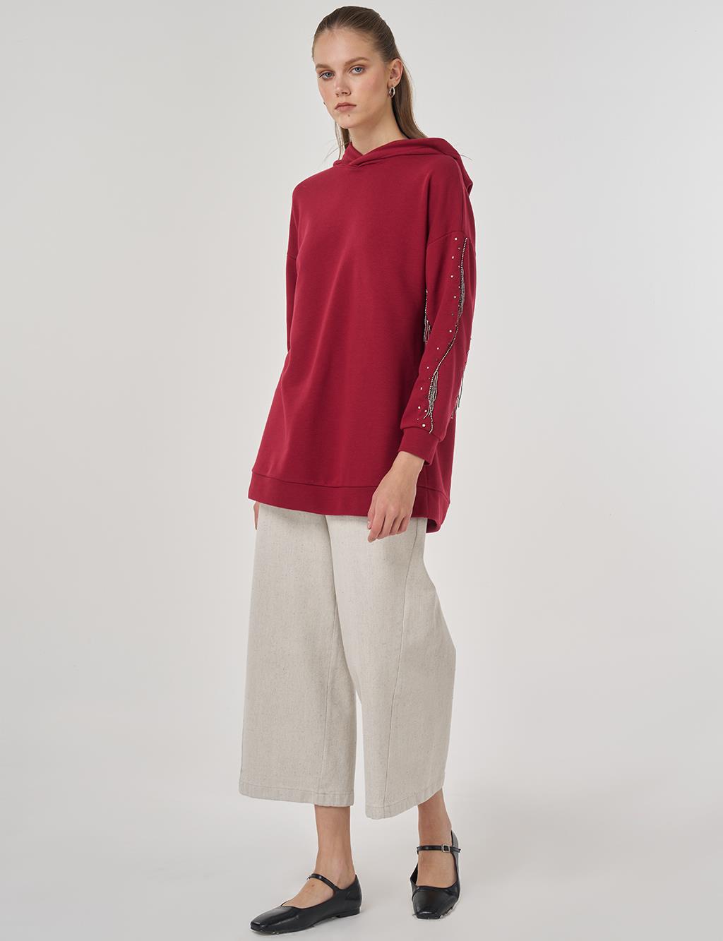 Kapüşonlu Üç İplik Sweatshirt Bordo 