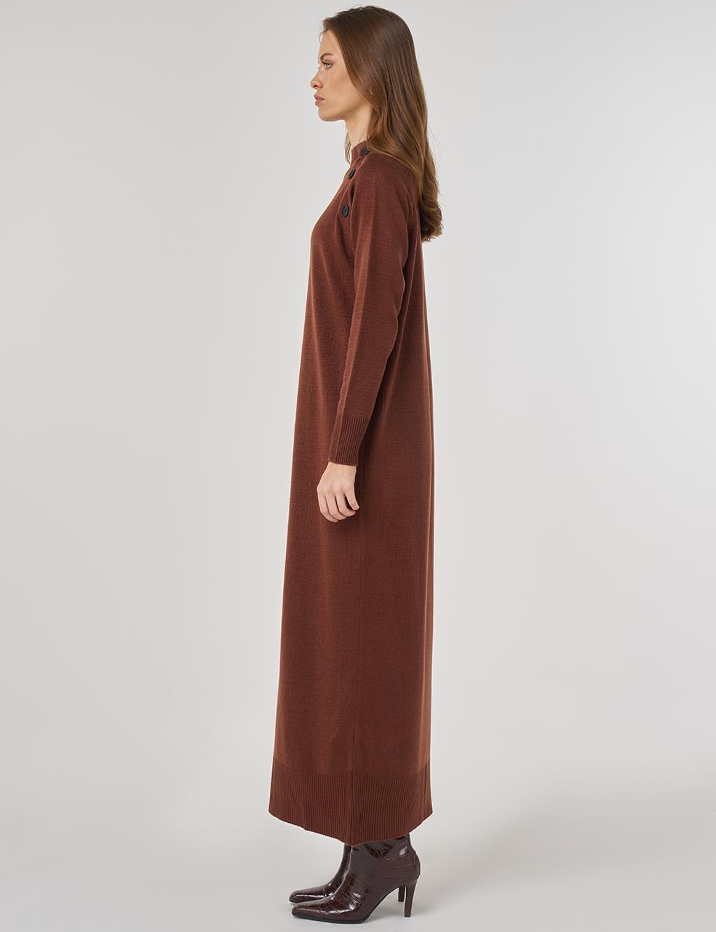 Düğmeli Triko Elbise Kızıl Kahve 