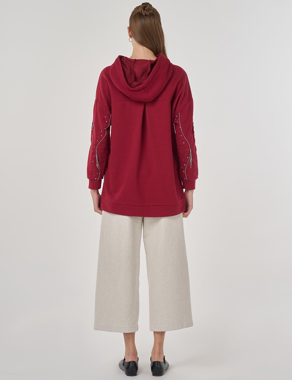 Kapüşonlu Üç İplik Sweatshirt Bordo 