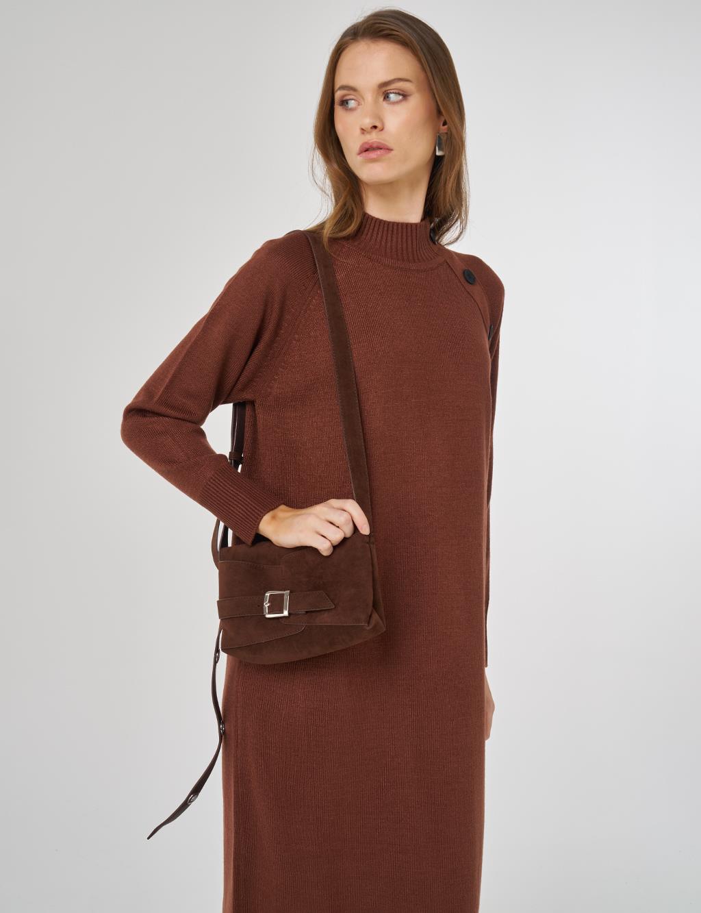 Düğmeli Triko Elbise Kızıl Kahve 