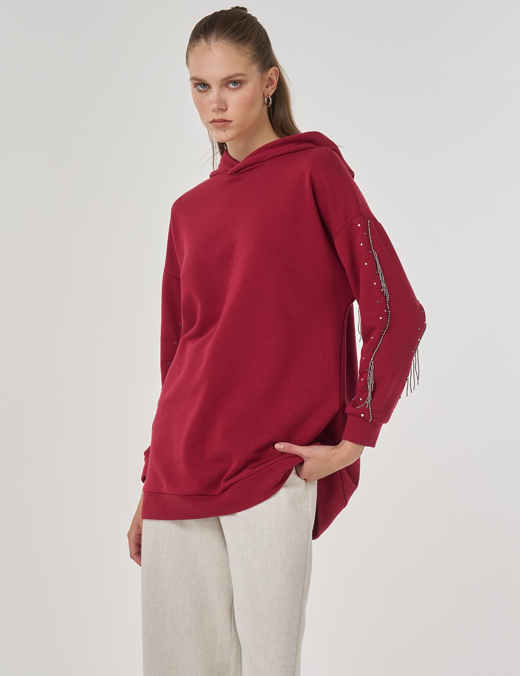 Kapüşonlu Üç İplik Sweatshirt Bordo 