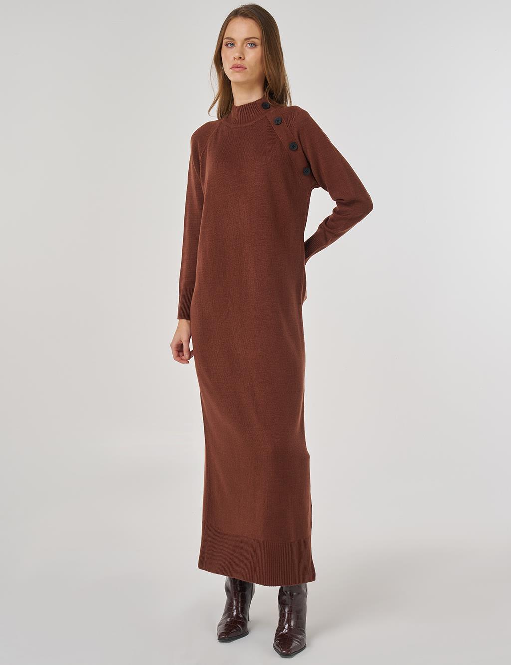 Düğmeli Triko Elbise Kızıl Kahve 