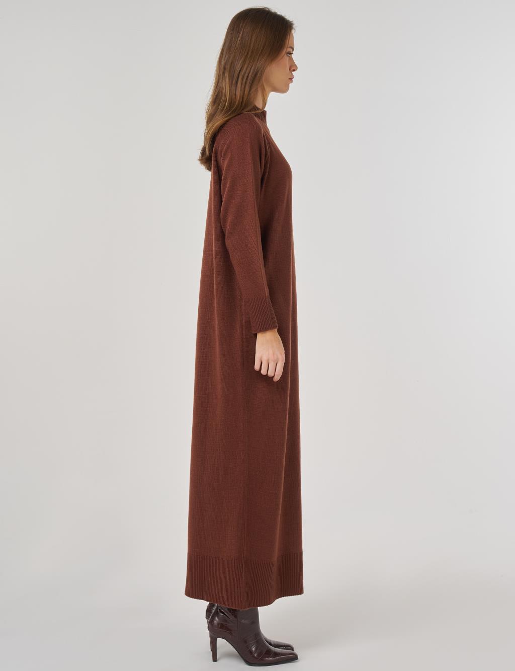 Düğmeli Triko Elbise Kızıl Kahve 