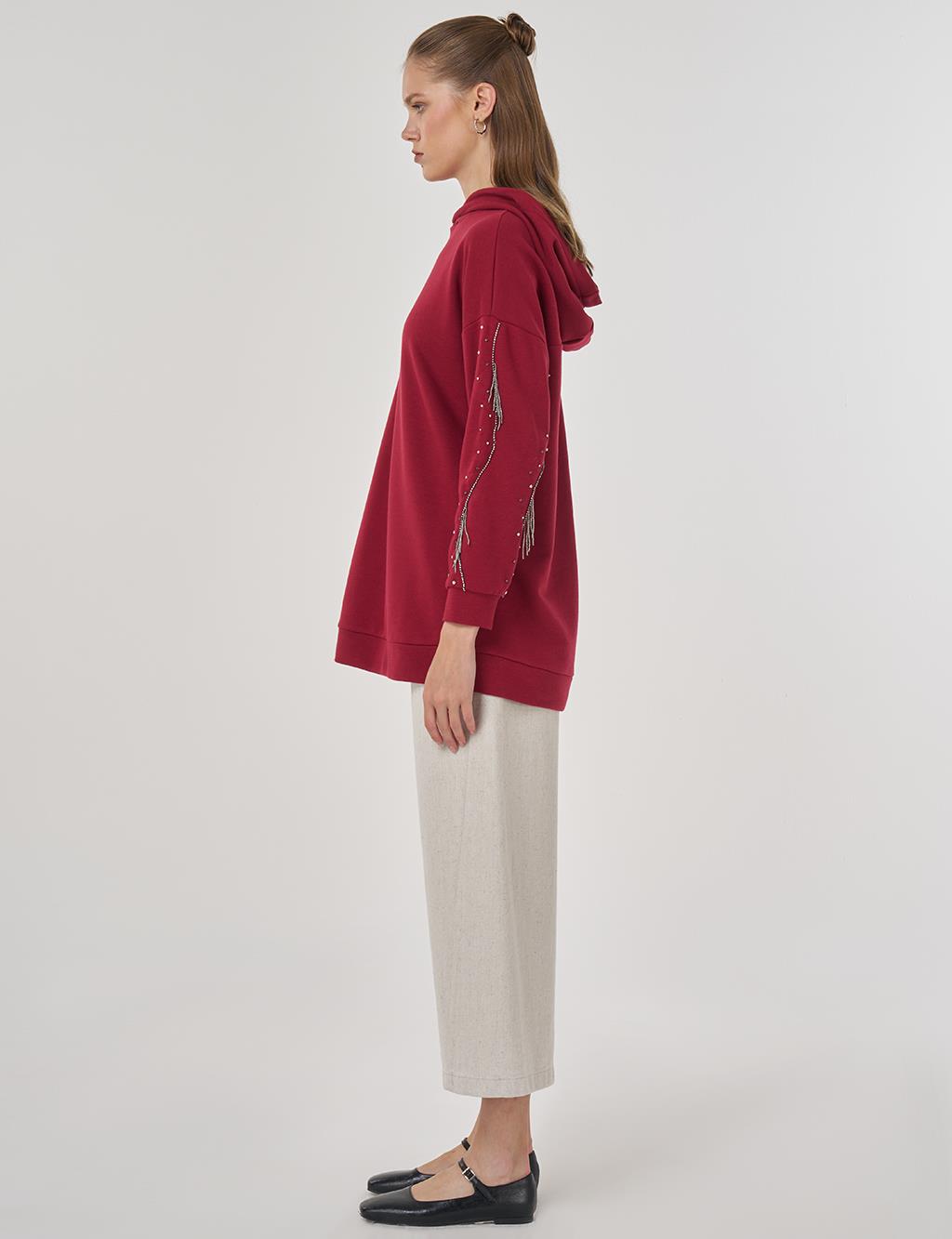 Kapüşonlu Üç İplik Sweatshirt Bordo 