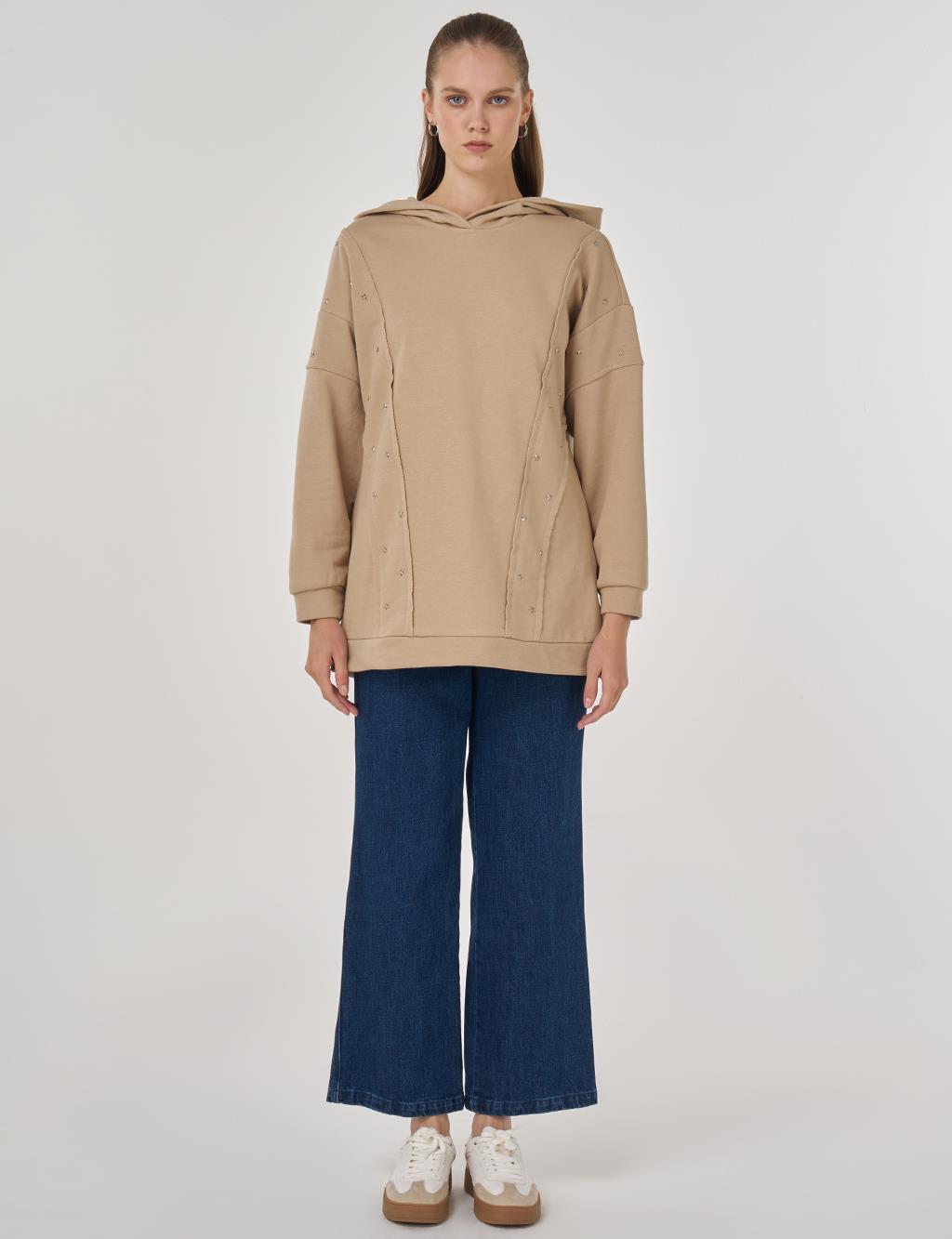 Triple-Knit Sweatshirt with Stitch Details in Beige