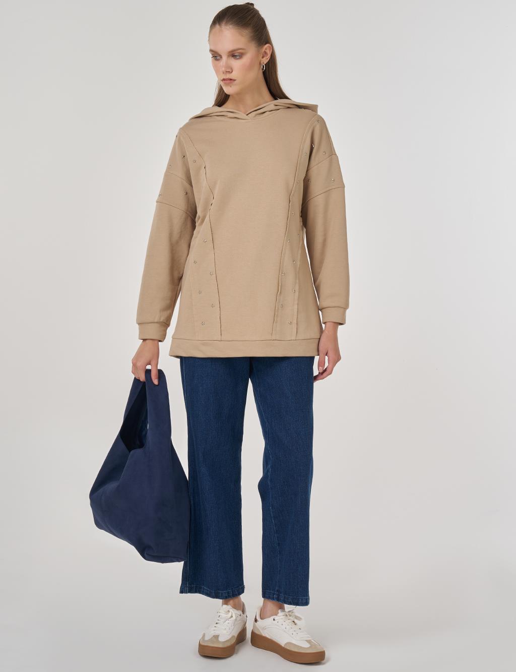 Triple-Knit Sweatshirt with Stitch Details in Beige