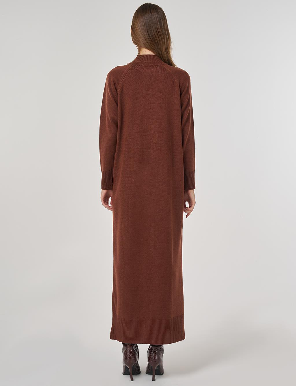 Düğmeli Triko Elbise Kızıl Kahve 