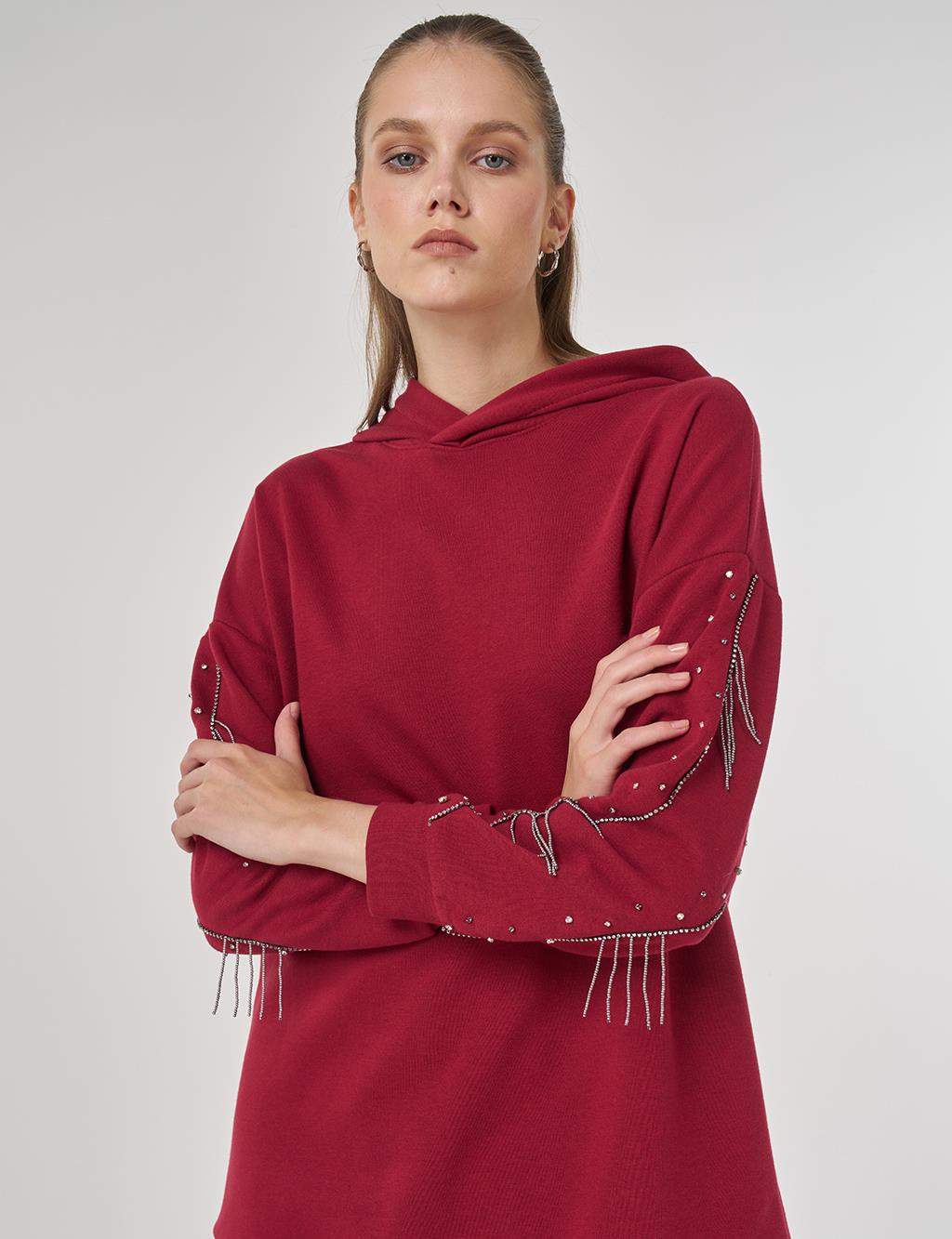 Kapüşonlu Üç İplik Sweatshirt Bordo 