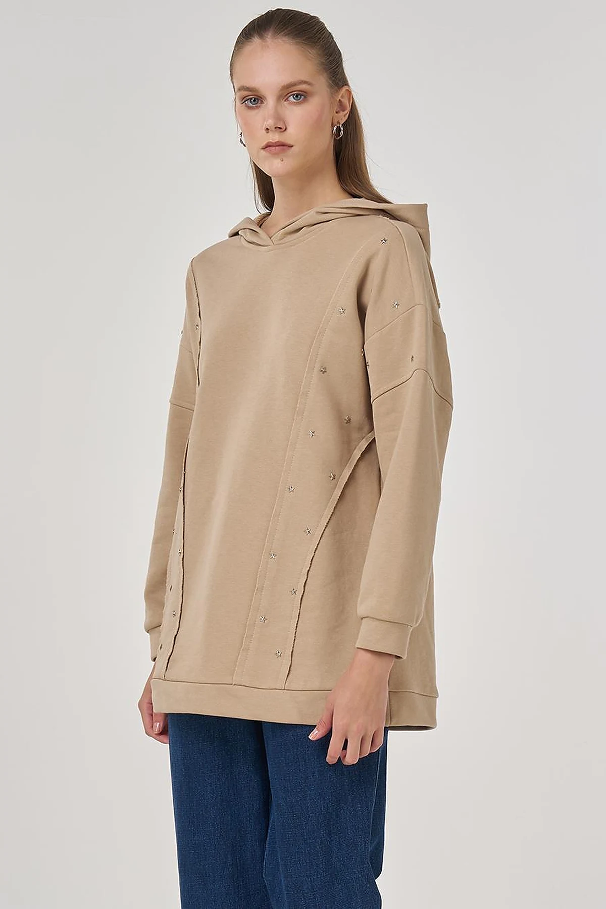 Triple-Knit Sweatshirt with Stitch Details in Beige